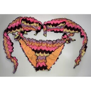Victoria Secret Bikini 2 Piece Set Pink Multi Ruffled Tube Top‎ Padded Size Med